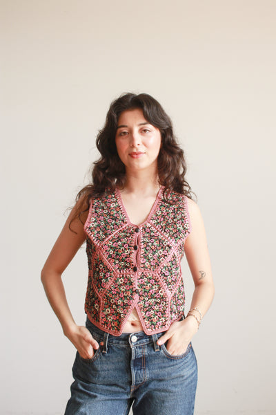 1970s Pink Suede Folk Patchwork Vest