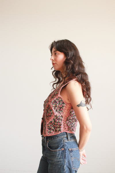 1970s Pink Suede Folk Patchwork Vest