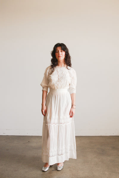 Edwardian White Cotton Daisy Embroidered Lawn Dress