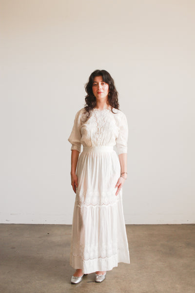 Edwardian White Cotton Daisy Embroidered Lawn Dress