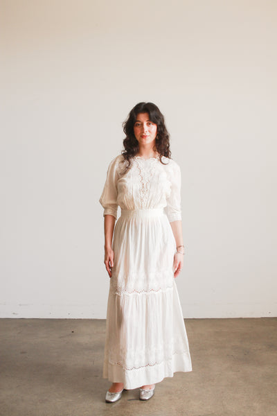 Edwardian White Cotton Daisy Embroidered Lawn Dress