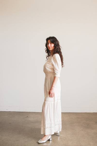 Edwardian White Cotton Daisy Embroidered Lawn Dress
