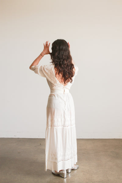 Edwardian White Cotton Daisy Embroidered Lawn Dress