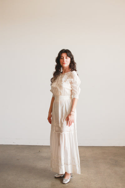 Edwardian White Cotton Daisy Embroidered Lawn Dress