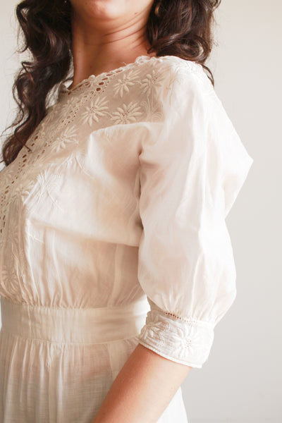 Edwardian White Cotton Daisy Embroidered Lawn Dress