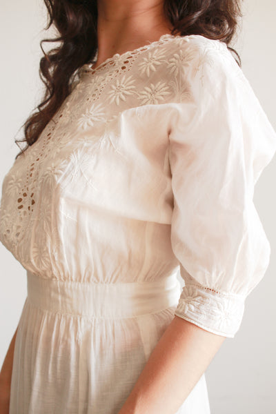 Edwardian White Cotton Daisy Embroidered Lawn Dress