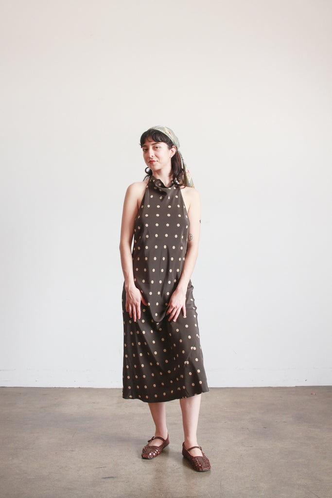 Banana Republic Charcoal Brown Polka Dot Silk Halter Dress Blossom Vintage Banana Republic Charcoal Brown Polka Dot Silk Halter Dress Blossom Vintage