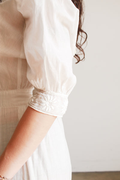 Edwardian White Cotton Daisy Embroidered Lawn Dress
