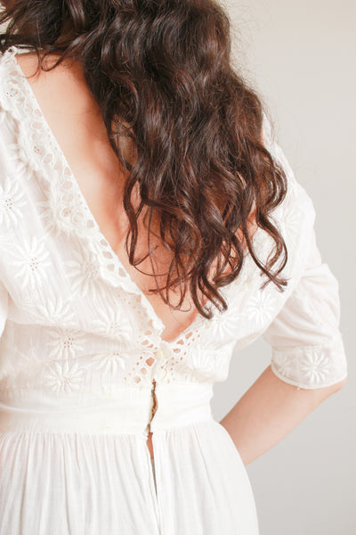 Edwardian White Cotton Daisy Embroidered Lawn Dress