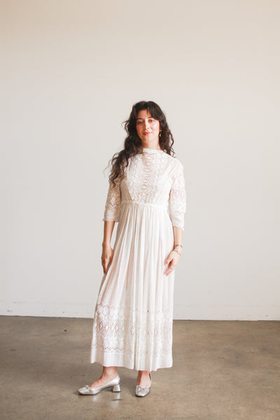 Edwardian Cotton White Eyelet Tulip Embroidered Lawn Dress