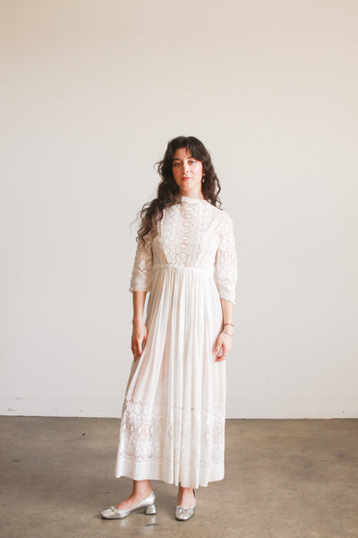 Edwardian Cotton White Eyelet Tulip Embroidered Lawn Dress