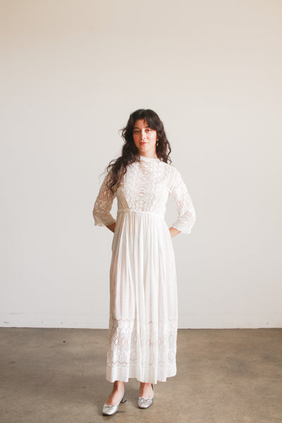 Edwardian Cotton White Eyelet Tulip Embroidered Lawn Dress
