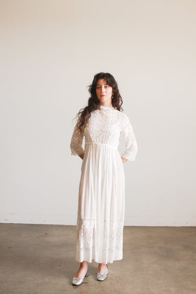 Edwardian Cotton White Eyelet Tulip Embroidered Lawn Dress