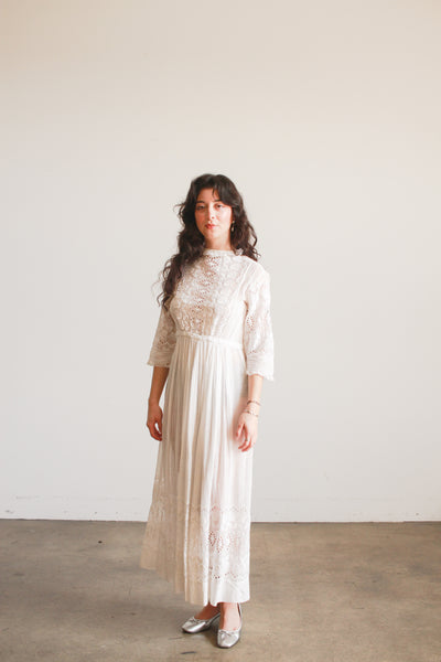 Edwardian Cotton White Eyelet Tulip Embroidered Lawn Dress