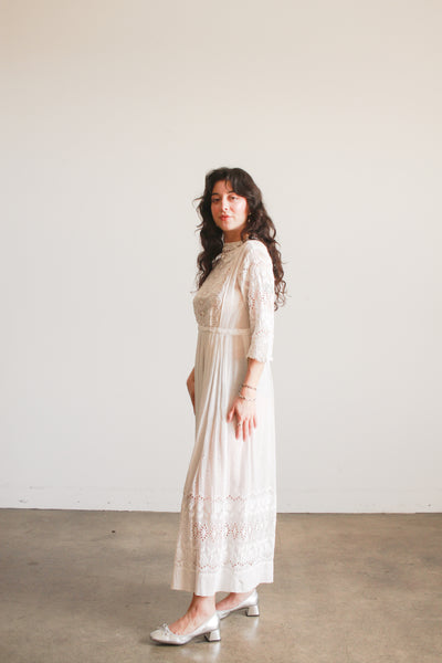 Edwardian Cotton White Eyelet Tulip Embroidered Lawn Dress