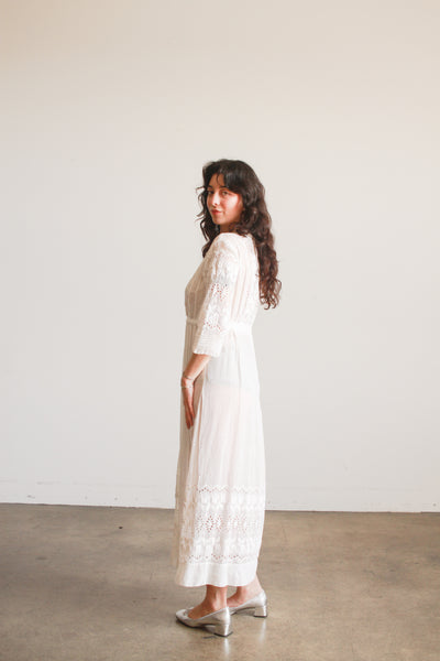 Edwardian Cotton White Eyelet Tulip Embroidered Lawn Dress