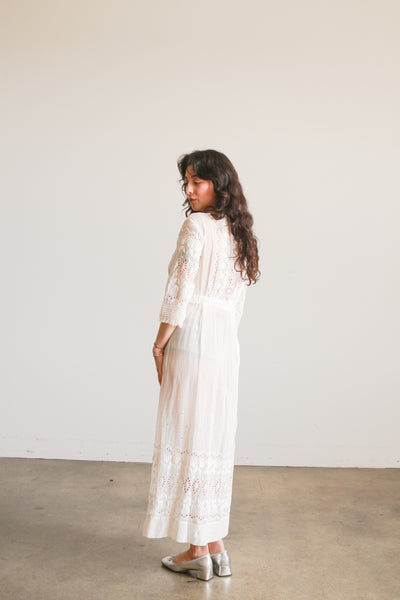 Edwardian Cotton White Eyelet Tulip Embroidered Lawn Dress