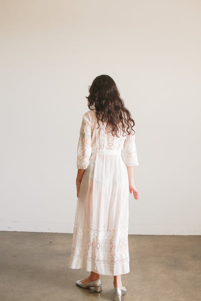 Edwardian Cotton White Eyelet Tulip Embroidered Lawn Dress