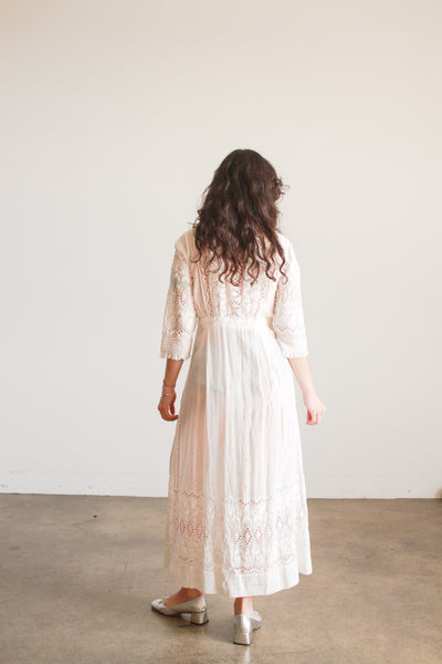 Edwardian Cotton White Eyelet Tulip Embroidered Lawn Dress