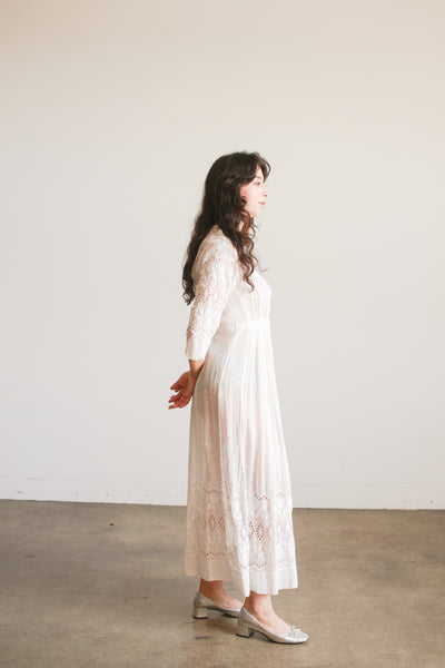 Edwardian Cotton White Eyelet Tulip Embroidered Lawn Dress