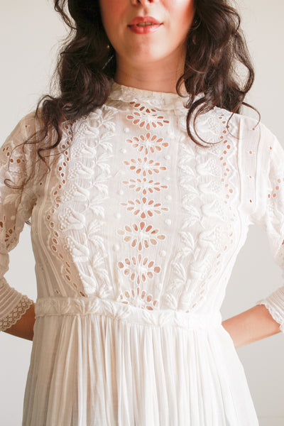 Edwardian Cotton White Eyelet Tulip Embroidered Lawn Dress