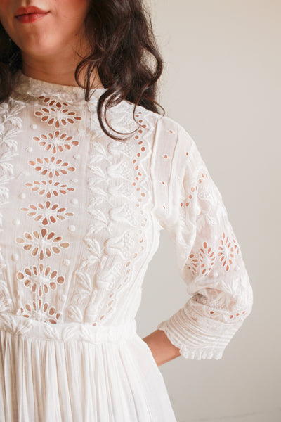 Edwardian Cotton White Eyelet Tulip Embroidered Lawn Dress