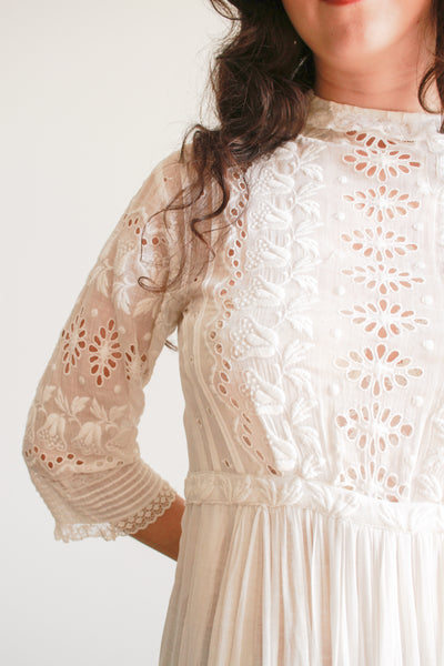 Edwardian Cotton White Eyelet Tulip Embroidered Lawn Dress