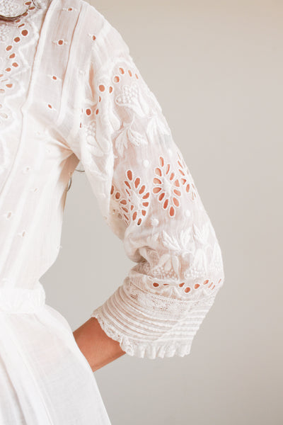 Edwardian Cotton White Eyelet Tulip Embroidered Lawn Dress