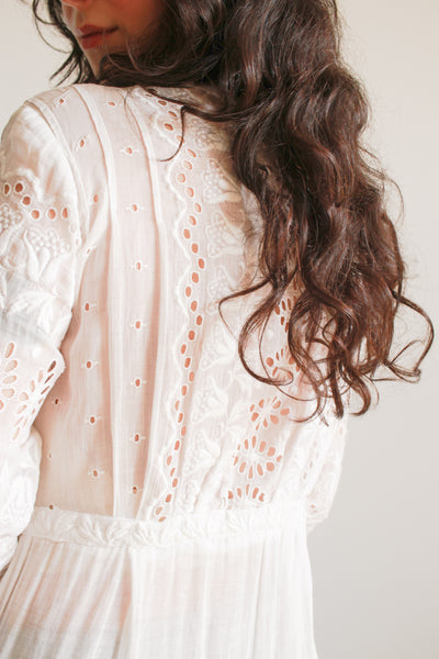 Edwardian Cotton White Eyelet Tulip Embroidered Lawn Dress