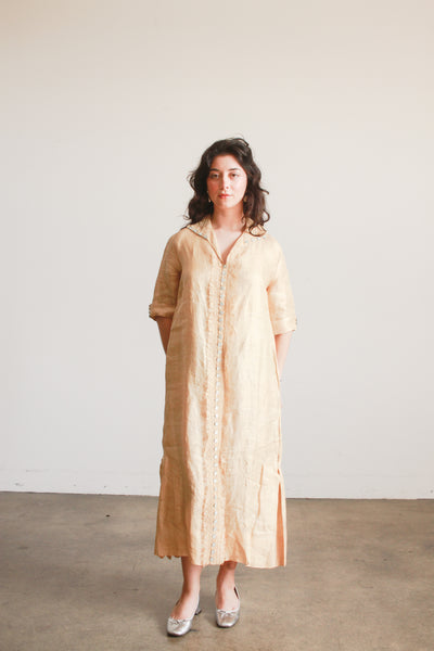 Edwardian Khaki Linen Lace Trim Dress