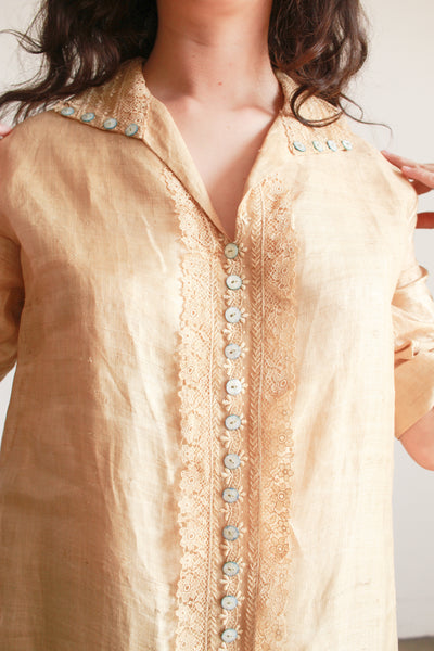 Edwardian Khaki Linen Lace Trim Dress