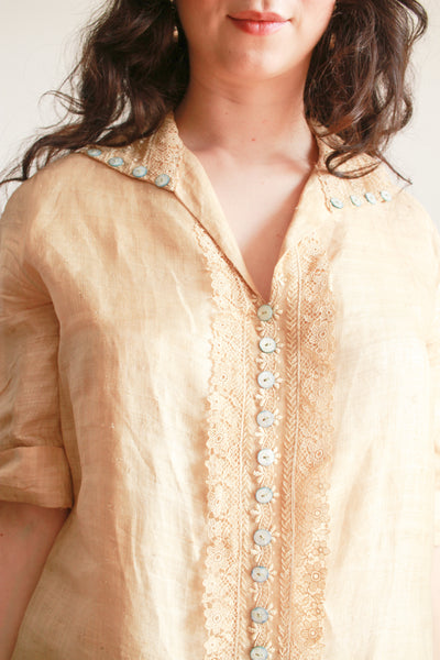 Edwardian Khaki Linen Lace Trim Dress