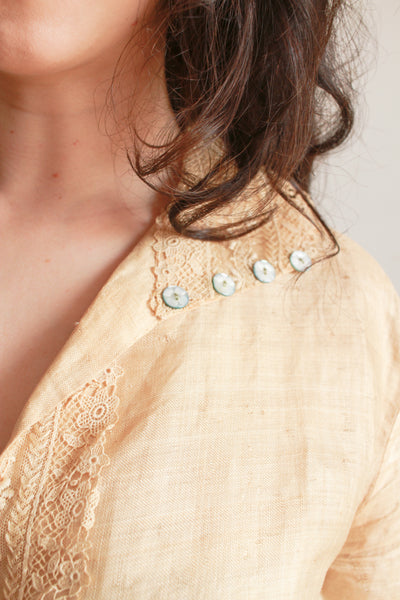 Edwardian Khaki Linen Lace Trim Dress