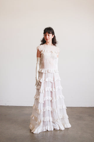 1930s White Cotton Voile Tiered Lace Ruffle Dress
