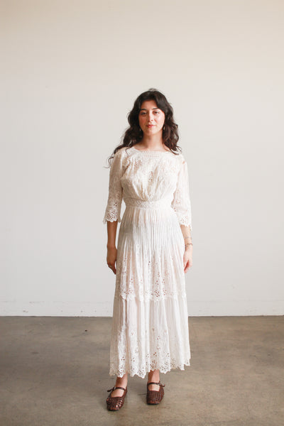 Edwardian White Cotton Mixed Lace Eyelet Embroidered Lawn Dress