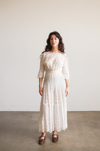 Edwardian White Cotton Mixed Lace Eyelet Embroidered Lawn Dress