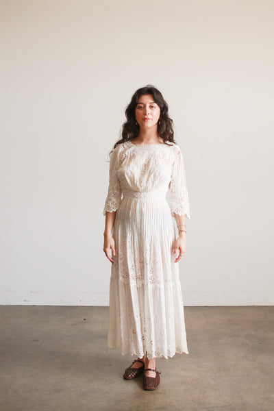 Edwardian White Cotton Mixed Lace Eyelet Embroidered Lawn Dress