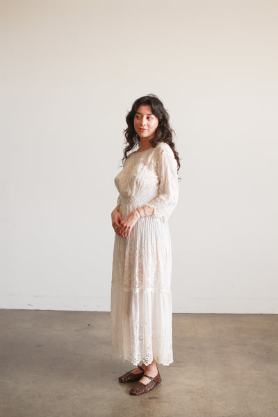 Edwardian White Cotton Mixed Lace Eyelet Embroidered Lawn Dress