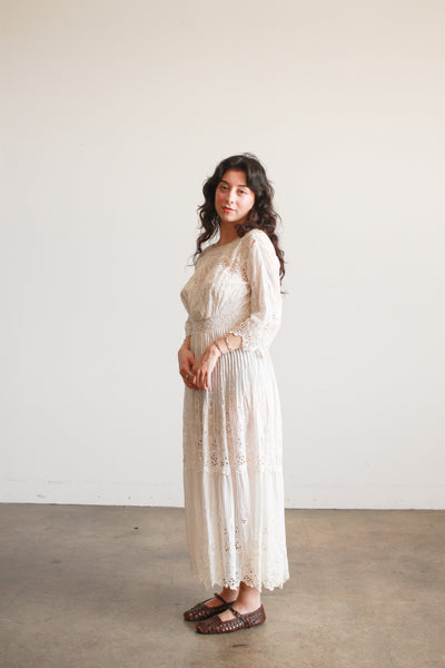 Edwardian White Cotton Mixed Lace Eyelet Embroidered Lawn Dress