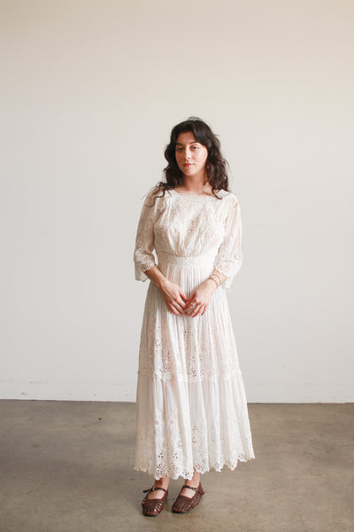 Edwardian White Cotton Mixed Lace Eyelet Embroidered Lawn Dress