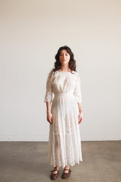 Edwardian White Cotton Mixed Lace Eyelet Embroidered Lawn Dress