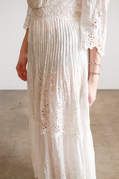 Edwardian White Cotton Mixed Lace Eyelet Embroidered Lawn Dress