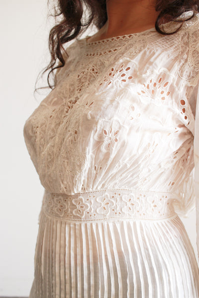Edwardian White Cotton Mixed Lace Eyelet Embroidered Lawn Dress