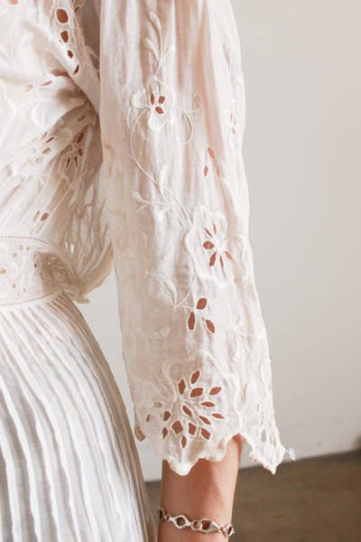 Edwardian White Cotton Mixed Lace Eyelet Embroidered Lawn Dress
