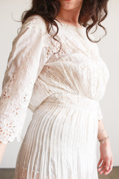 Edwardian White Cotton Mixed Lace Eyelet Embroidered Lawn Dress