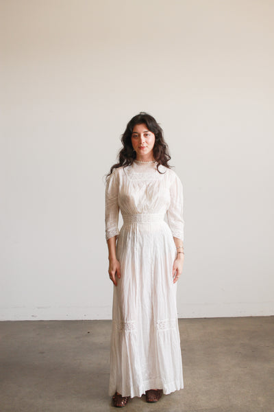Edwardian Cotton Embroidered High Neck Lawn Dress