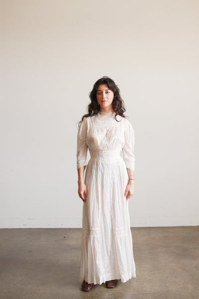 Edwardian Cotton Embroidered High Neck Lawn Dress