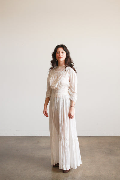 Edwardian Cotton Embroidered High Neck Lawn Dress