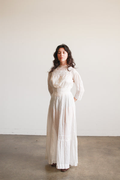 Edwardian Cotton Embroidered High Neck Lawn Dress