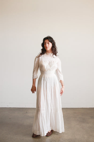 Edwardian Cotton Embroidered High Neck Lawn Dress